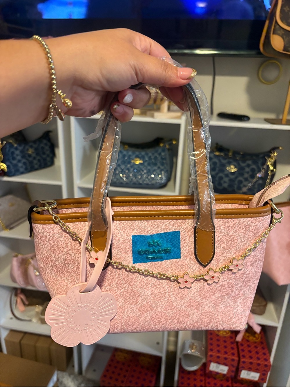Coach Pink Signature Satchel with Floral Charm and Tan Trim
